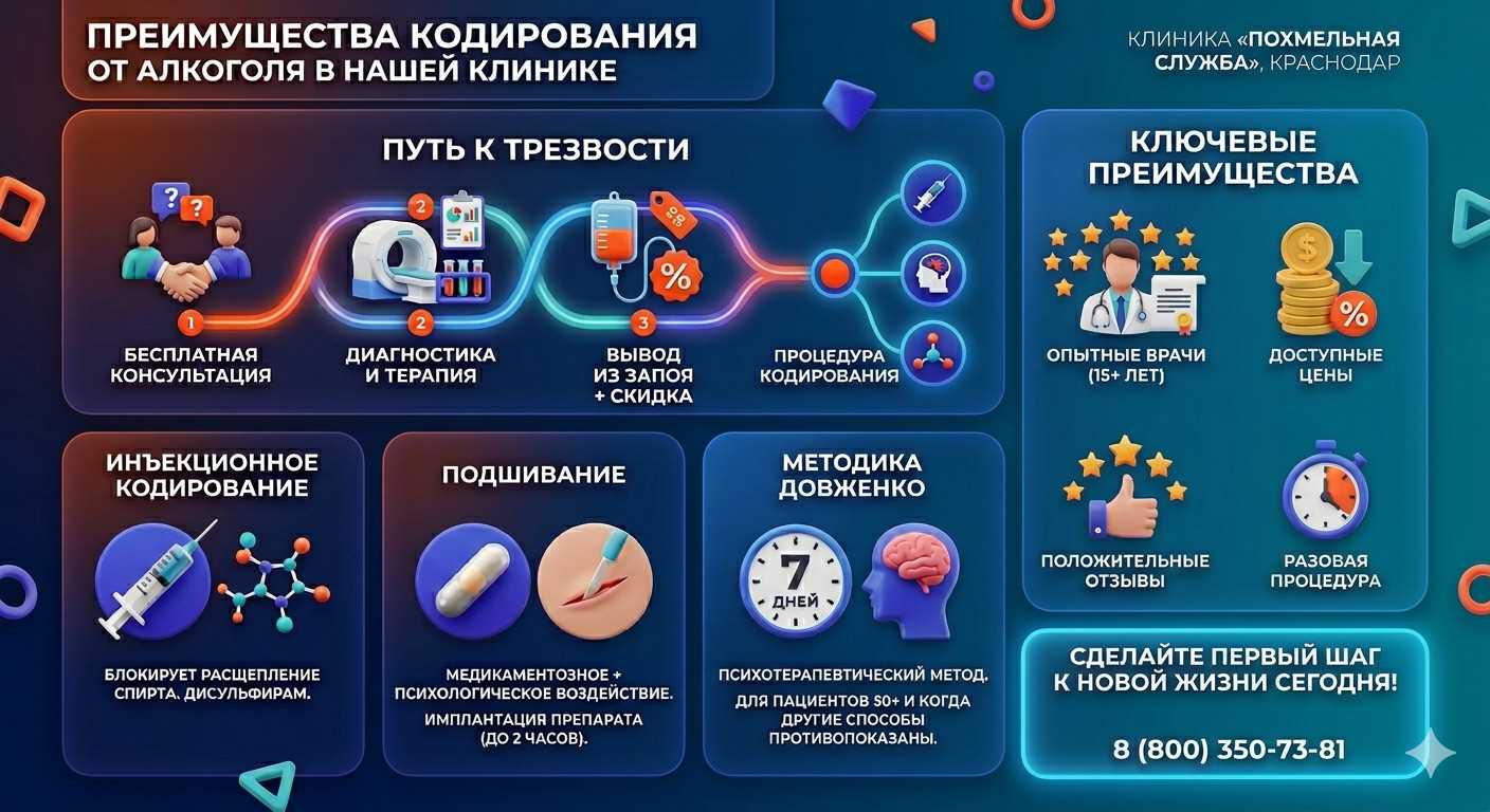 Инфографика о методах кодирования от алкоголя в Миассе: инъекции, подшивание, метод Довженко. Преимущества клиники и этапы лечения.